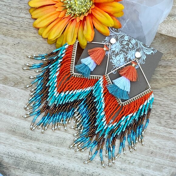 Handmade Beaded Long Tassel Fringe Dangle Drop Bohemian Post Diamond Earrings - Picture 5 of 8